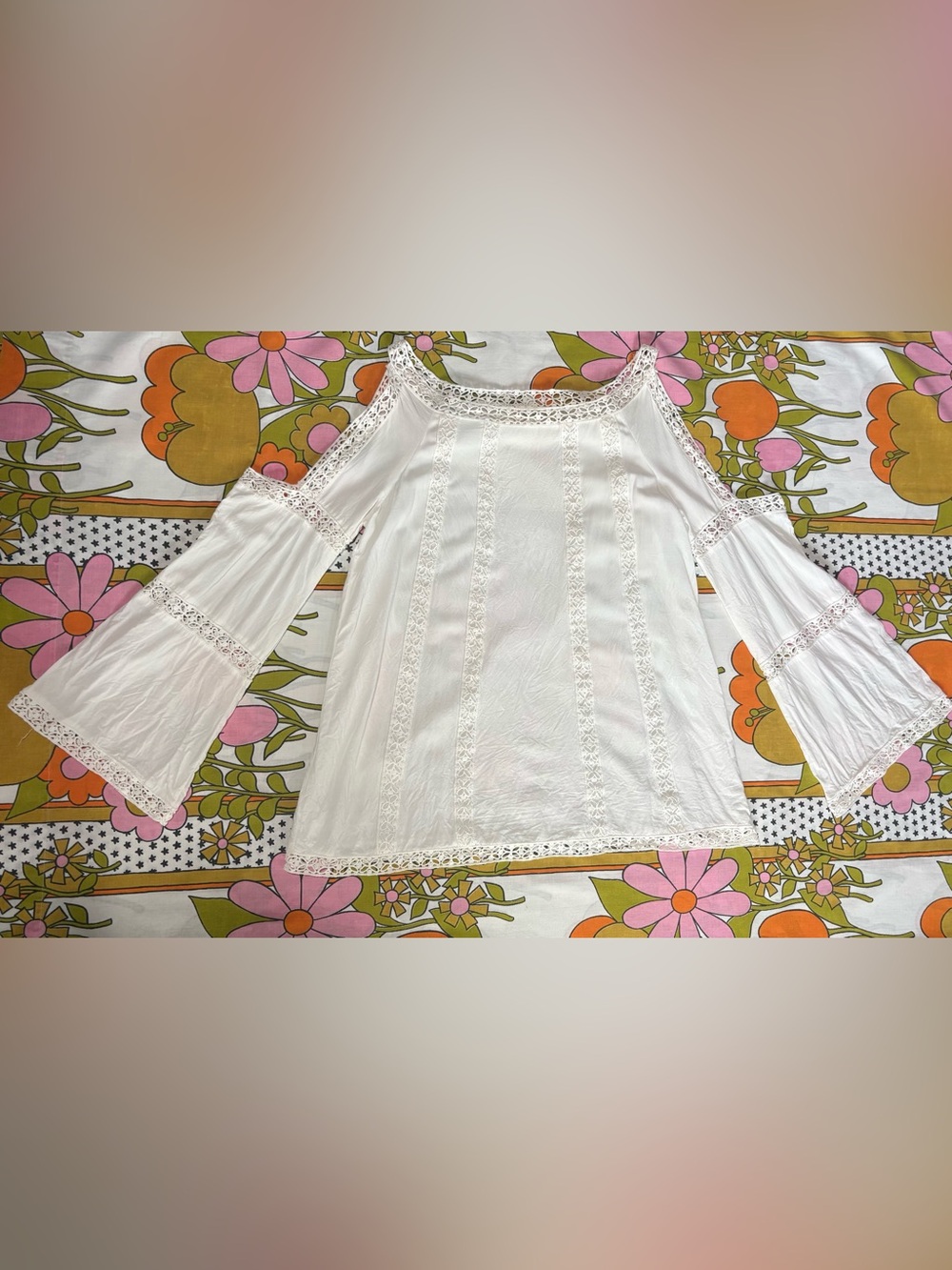 Boho Cream Crochet Lace Bell Sleeve Cold Shoulder Top